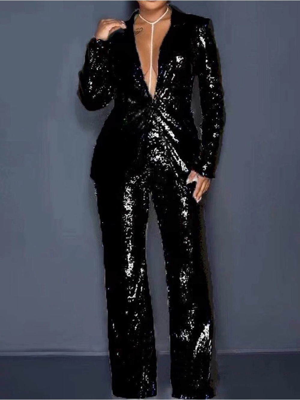 Black Sequin Tuxedo Pantsuit 2-Piece Blazer & Pants Set